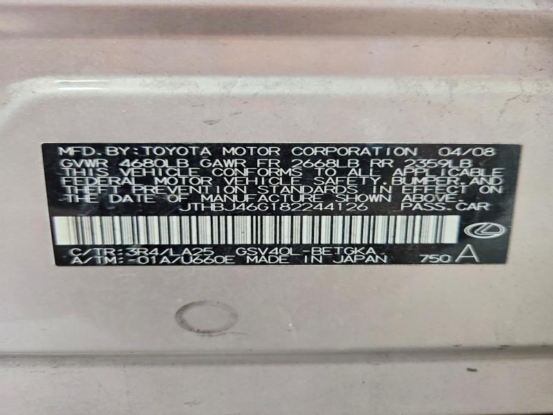 Продаж на аукціоні авто 2008 Lexus Es, vin: JTHBJ46G182244126, номер лоту: 68448896