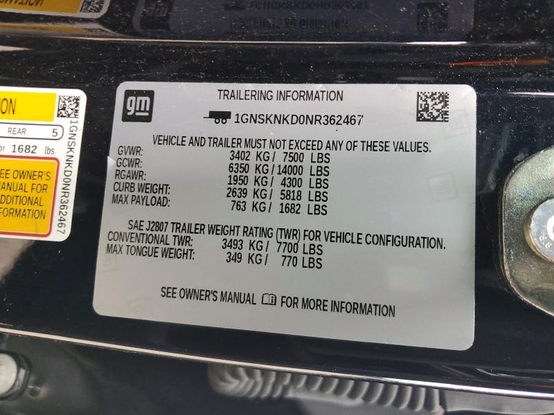 2022 Chevrolet Tahoe მანქანა იყიდება აუქციონზე, vin: 1GNSKNKD0NR362467, აუქციონის ნომერი: 68349746