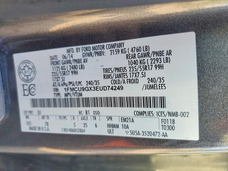 69875046 :رقم المزاد ، 1FMCU9GX3EUD74249 vin ، 2014 Ford Escape مزاد بيع