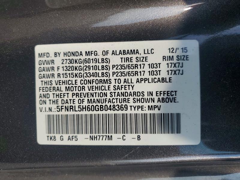 Aukcja sprzedaży 2016 Honda Odyssey, vin: 5FNRL5H60GB048369, numer aukcji: 69494756