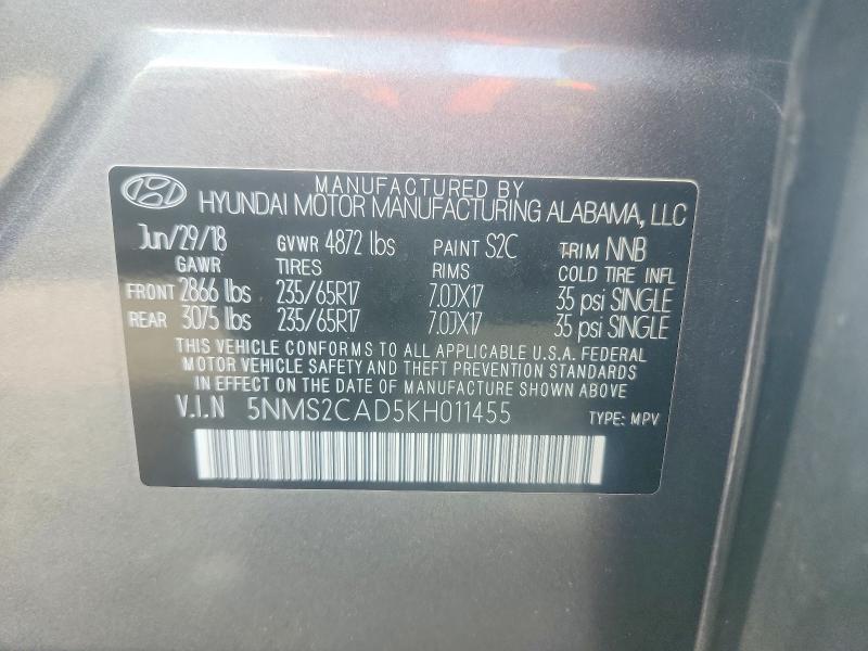 67596696 :رقم المزاد ، 5NMS2CAD5KH011455 vin ، 2019 Hyundai Santa Fe مزاد بيع