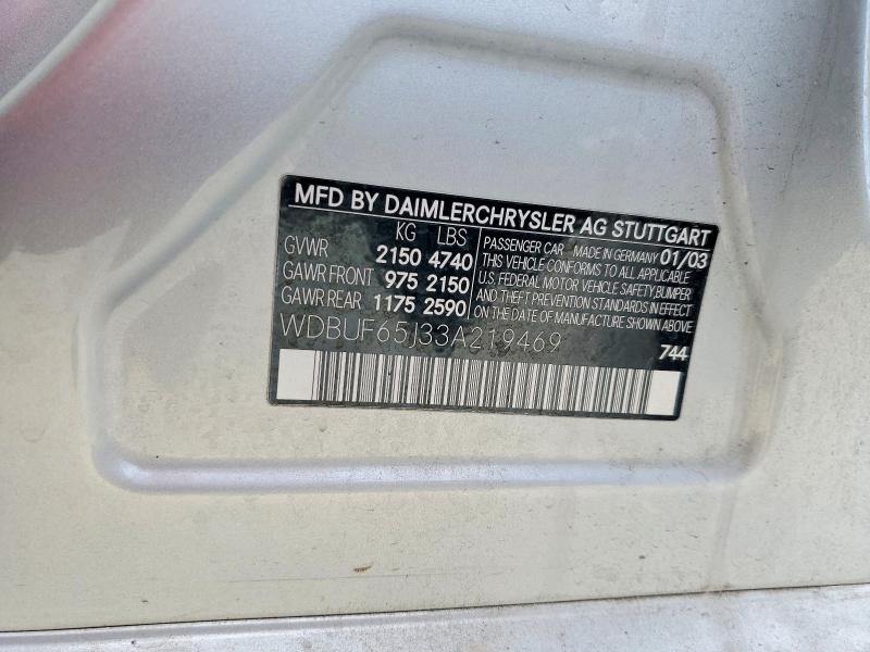 Aukcja sprzedaży 2003 Mercedes-benz E, vin: WDBUF65J33A219469, numer aukcji: 67733936