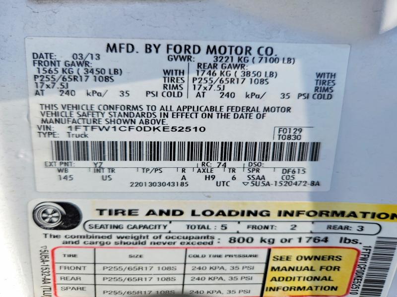 68278836 :رقم المزاد ، 1FTFW1CF0DKE52510 vin ، 2013 Ford F150 مزاد بيع