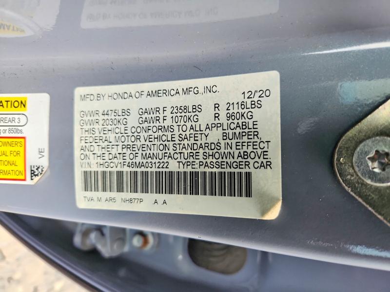 70079086 :رقم المزاد ، 1HGCV1F46MA031222 vin ، 2021 Honda Accord مزاد بيع
