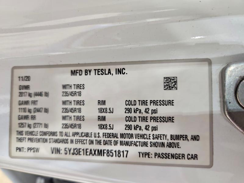 Aukcja sprzedaży 2021 Tesla Model 3, vin: 5YJ3E1EAXMF851817        , numer aukcji: 68647196