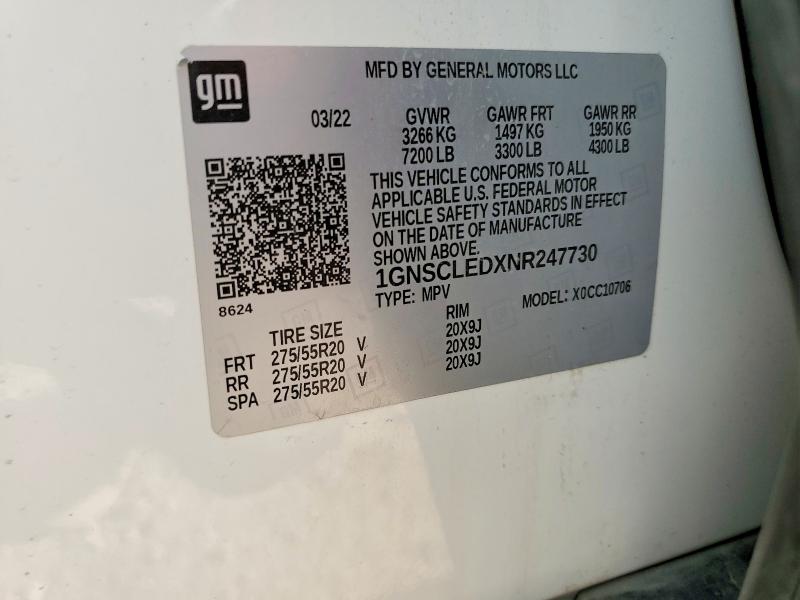 Продаж на аукціоні авто 2022 Chevrolet Tahoe, vin: 1GNSCLEDXNR247730, номер лоту: 70170836