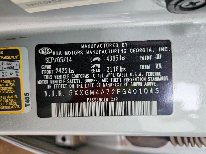 70358026 :رقم المزاد ، 5XXGM4A72FG401045 vin ، 2015 Kia Optima مزاد بيع