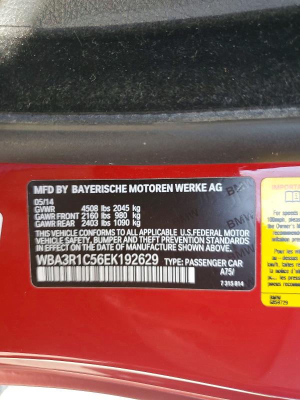 69532246 :رقم المزاد ، WBA3R1C56EK192629 vin ، 2014 Bmw 435 مزاد بيع