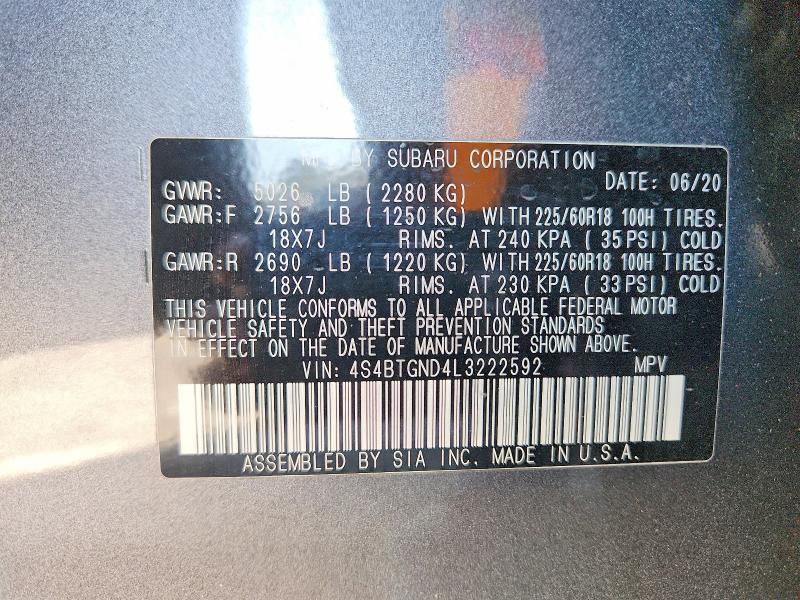 67354016 :رقم المزاد ، 4S4BTGND4L3222592 vin ، 2020 Subaru Outback مزاد بيع