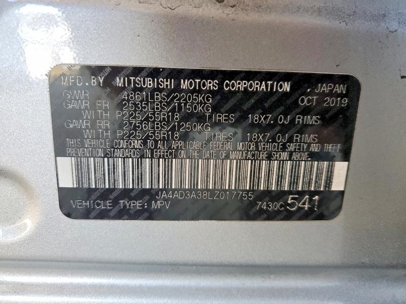 68654246 :رقم المزاد ، JA4AD3A38LZ017755 vin ، 2020 Mitsubishi Outlander مزاد بيع