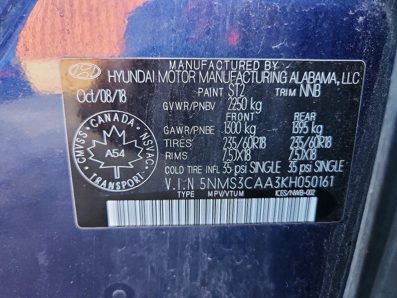 68183276 :رقم المزاد ، 5NMS3CAA3KH050161 vin ، 2019 Hyundai Santa Fe مزاد بيع