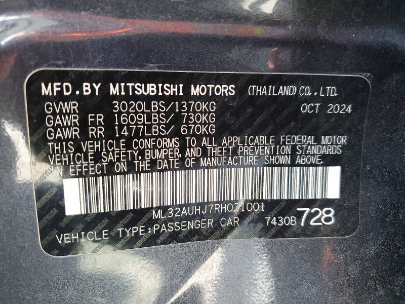 69166026 :رقم المزاد ، ML32AUHJ7RH031001 vin ، 2024 Mitsubishi Mirage مزاد بيع