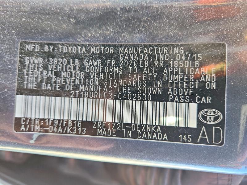 67694226 :رقم المزاد ، 2T1BURHE3FC402630 vin ، 2015 Toyota Corolla مزاد بيع