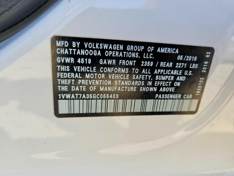 69768886 :رقم المزاد ، 1VWAT7A35GC055403 vin ، 2016 Volkswagen Passat مزاد بيع