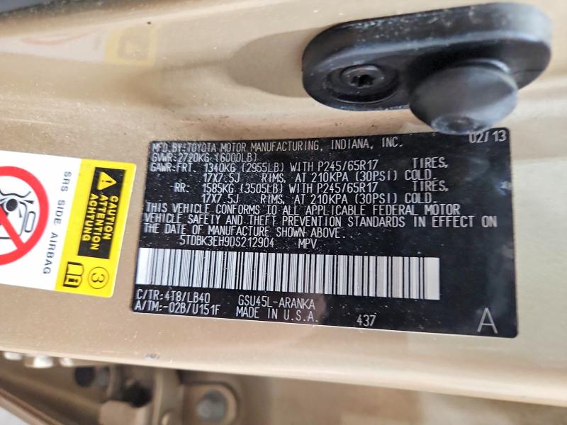 69110476 :رقم المزاد ، 5TDBK3EH9DS212904 vin ، 2013 Toyota Highlander مزاد بيع
