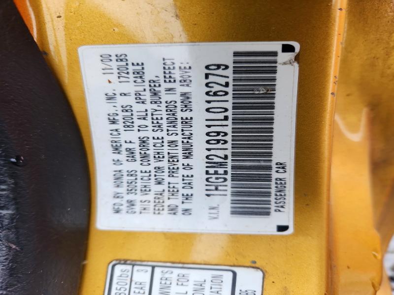 2001 Honda Civic მანქანა იყიდება აუქციონზე, vin: 1HGEM21991L016279, აუქციონის ნომერი: 70553376