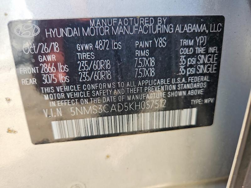 2019 Hyundai Santa Fe მანქანა იყიდება აუქციონზე, vin: 5NMS3CAD5KH057512, აუქციონის ნომერი: 69186146