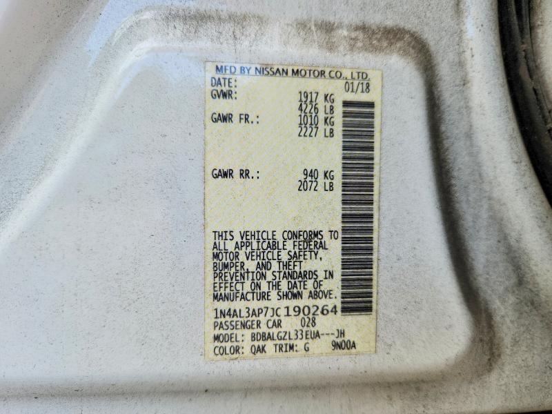 2018 Nissan Altima მანქანა იყიდება აუქციონზე, vin: 1N4AL3AP7JC190264, აუქციონის ნომერი: 68962546