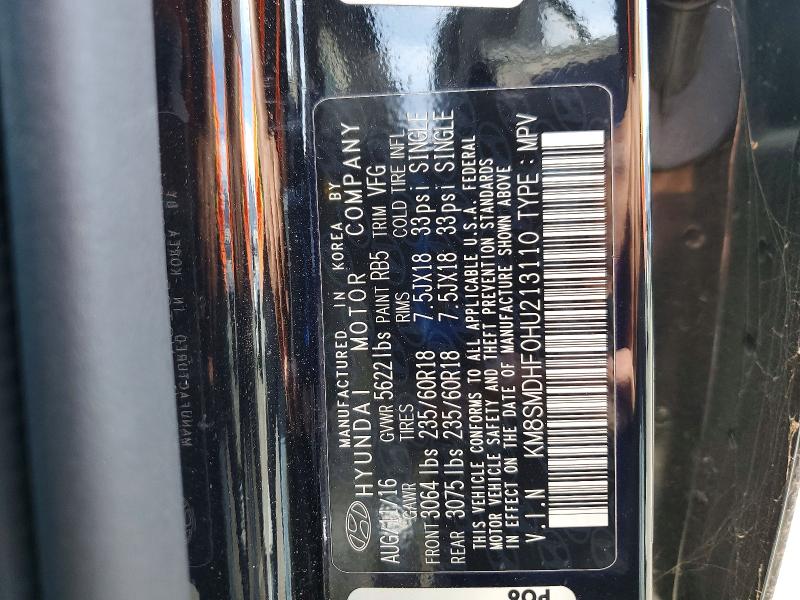Aukcja sprzedaży 2017 Hyundai Santa Fe, vin: KM8SMDHF0HU213110, numer aukcji: 69026736
