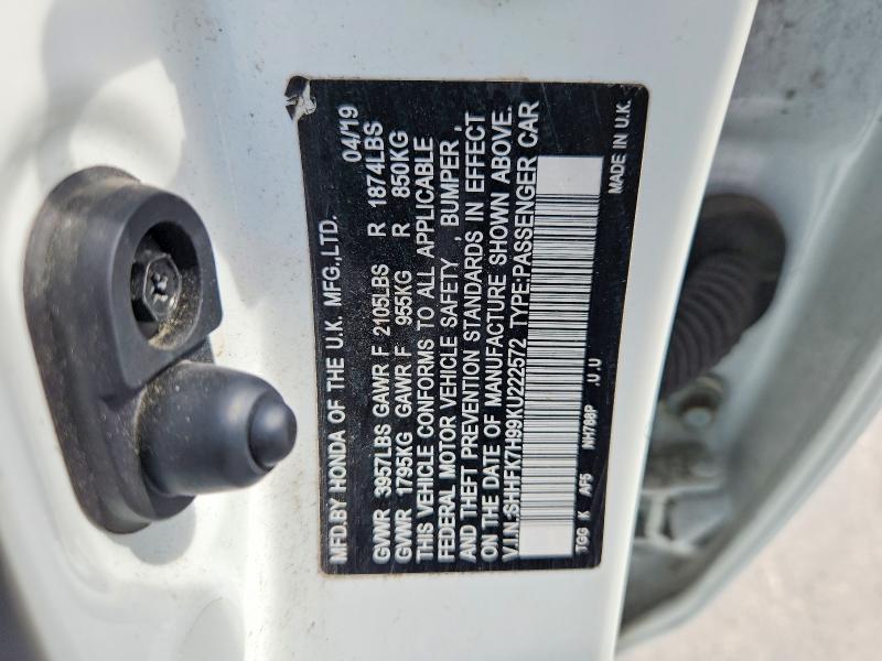 2019 Honda Civic მანქანა იყიდება აუქციონზე, vin: SHHFK7H99KU222572, აუქციონის ნომერი: 68849186