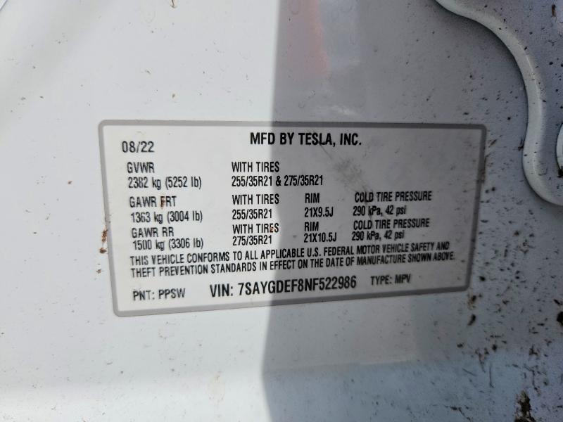68650186 :رقم المزاد ، 7SAYGDEF8NF522986 vin ، 2022 Tesla Model Y مزاد بيع