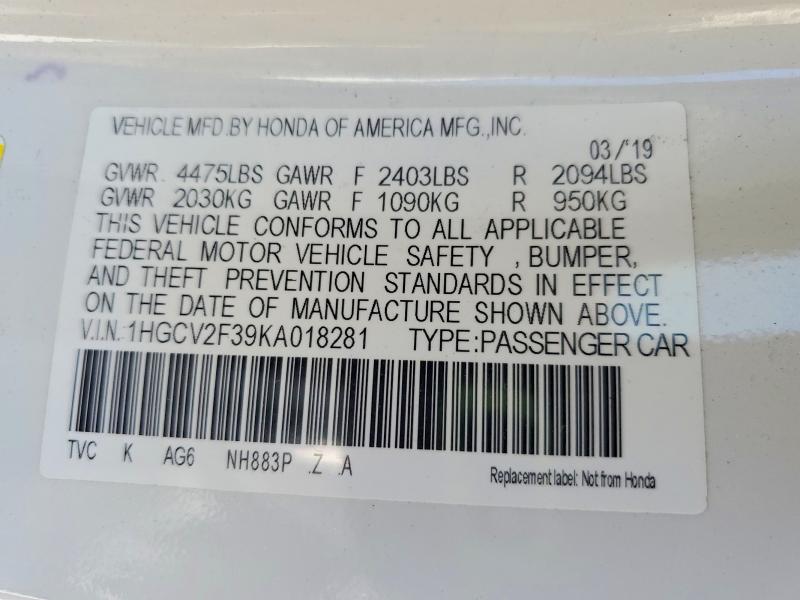 Aukcja sprzedaży 2019 Honda Accord, vin: 1HGCV2F39KA018281, numer aukcji: 67527096
