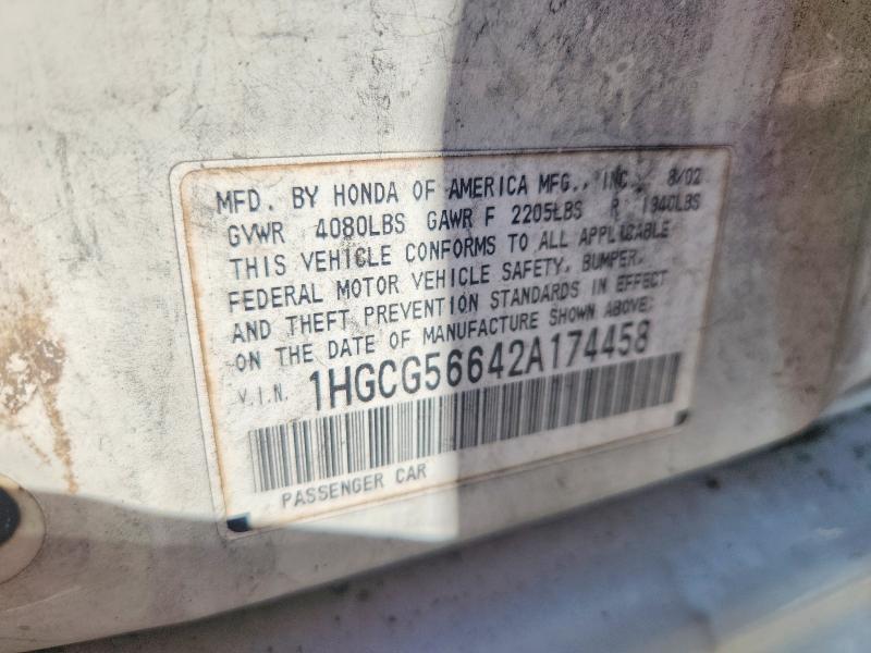 2002 Honda Accord მანქანა იყიდება აუქციონზე, vin: 1HGCG56642A174458, აუქციონის ნომერი: 68496966