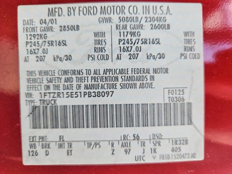 69938976 :رقم المزاد ، 1FTZR15E51PB38097 vin ، 2001 Ford Ranger مزاد بيع
