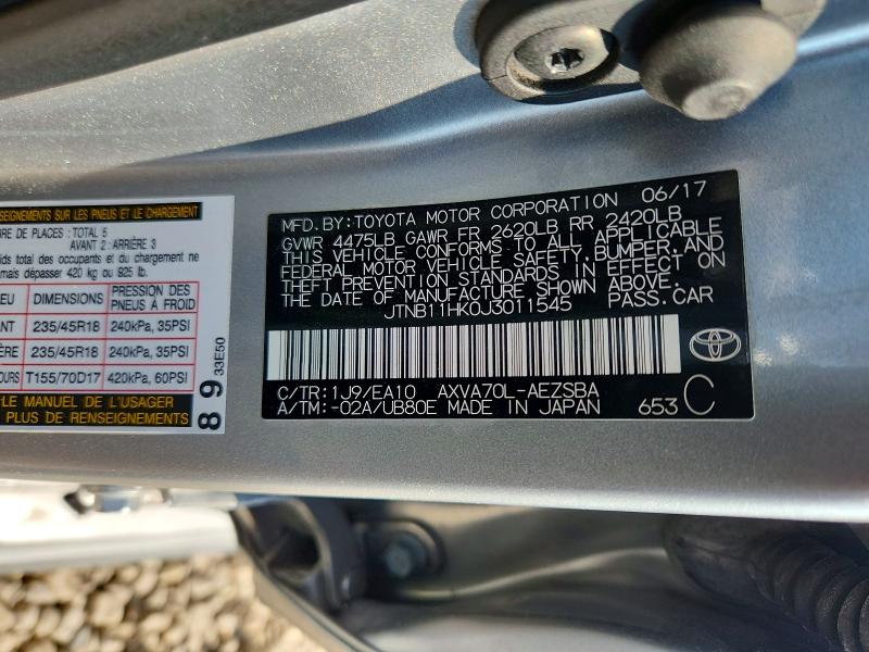 67539566 :رقم المزاد ، JTNB11HK0J3011545 vin ، 2018 Toyota Camry مزاد بيع