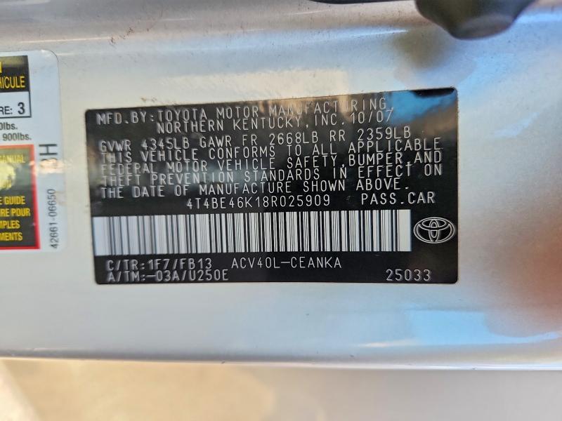 2008 Toyota Camry მანქანა იყიდება აუქციონზე, vin: 4T4BE46K18R025909, აუქციონის ნომერი: 69642866