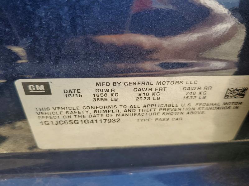 2016 Chevrolet Sonic მანქანა იყიდება აუქციონზე, vin: 1G1JC6SG1G4117932, აუქციონის ნომერი: 66467266