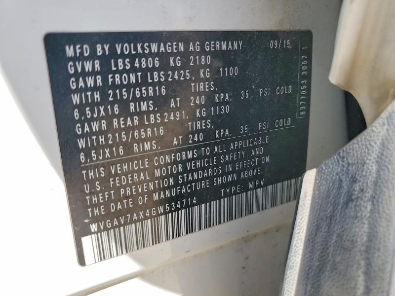 Aukcja sprzedaży 2016 Volkswagen Tiguan, vin: WVGAV7AX4GW534714, numer aukcji: 69892896