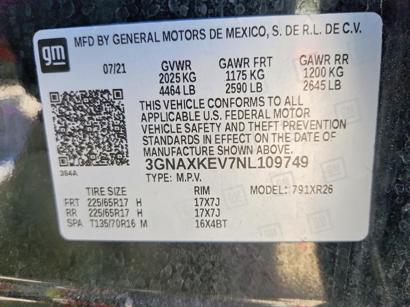 68426136 :رقم المزاد ، 3GNAXKEV7NL109749 vin ، 2022 Chevrolet Equinox مزاد بيع