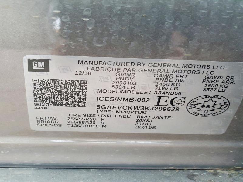 68281476 :رقم المزاد ، 5GAEVCKW3KJ209628 vin ، 2019 Buick Enclave مزاد بيع