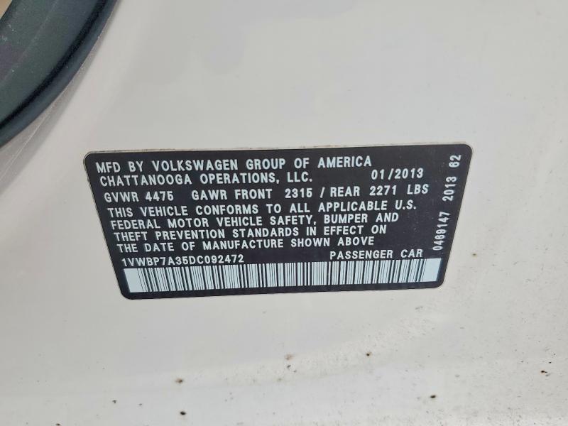 Продаж на аукціоні авто 2013 Volkswagen Passat, vin: 1VWBP7A35DC092472, номер лоту: 69536876