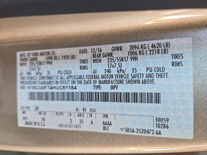 Продаж на аукціоні авто 2017 Ford Escape, vin: 1FMCU0F74HUC61184, номер лоту: 70854216