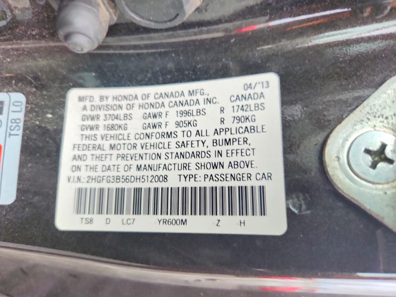 2013 Honda Civic მანქანა იყიდება აუქციონზე, vin: 2HGFG3B56DH512008, აუქციონის ნომერი: 67549946