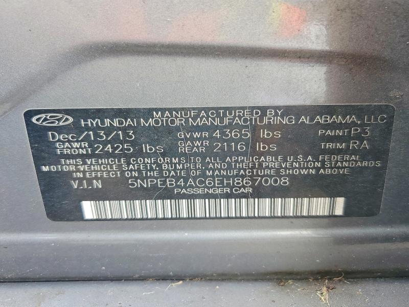 2014 Hyundai Sonata მანქანა იყიდება აუქციონზე, vin: 5NPEB4AC6EH867008, აუქციონის ნომერი: 68841566