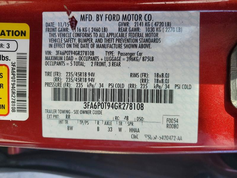 Продажа на аукционе авто 2016 Ford Fusion, vin: 3FA6P0T94GR278108, номер лота: 66573456