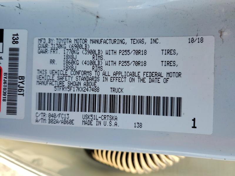 Auction sale of the 2019 Toyota Tundra, vin: 5TFRY5F17KX247488, lot number: 68628776