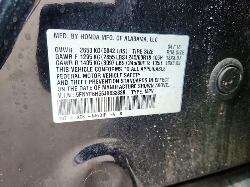 69166176 :رقم المزاد ، 5FNYF6H56JB038338 vin ، 2018 Honda Pilot مزاد بيع