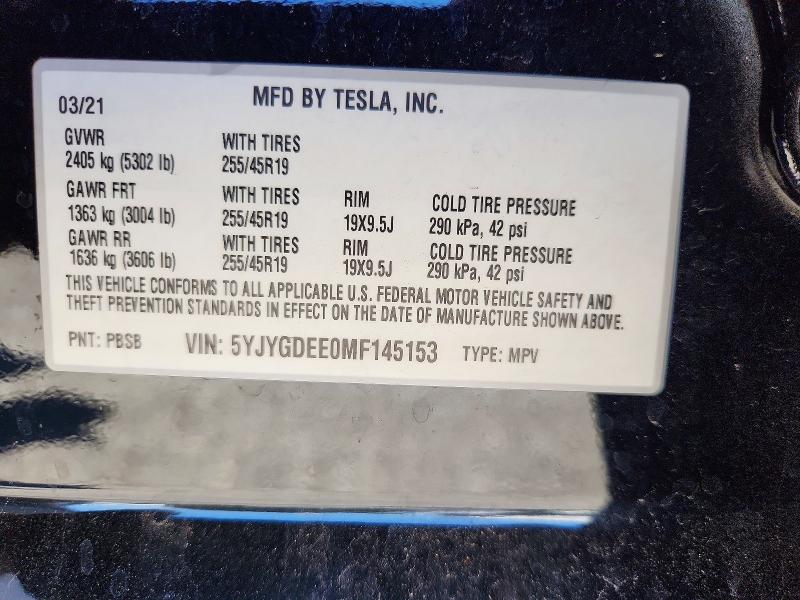 Aukcja sprzedaży 2021 Tesla Model Y, vin: 5YJYGDEE0MF145153, numer aukcji: 67851386
