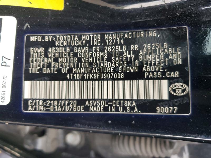 68546956 :رقم المزاد ، 4T1BF1FK9FU907008 vin ، 2015 Toyota Camry مزاد بيع