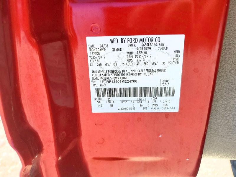 2008 Ford F150 მანქანა იყიდება აუქციონზე, vin: 1FTRF12208KE24708, აუქციონის ნომერი: 70995546