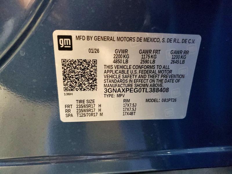 2026 Chevrolet Equinox მანქანა იყიდება აუქციონზე, vin: 3GNAXPEG0TL388408, აუქციონის ნომერი: 70296246