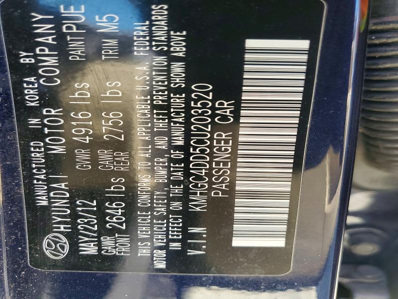 70805376 :رقم المزاد ، KMHGC4DD5CU203520 vin ، 2012 Hyundai Genesis مزاد بيع