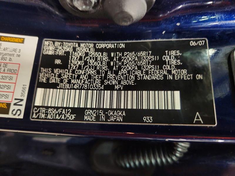 Aukcja sprzedaży 2007 Toyota 4runner, vin: JTEBU14R778103354, numer aukcji: 70507176