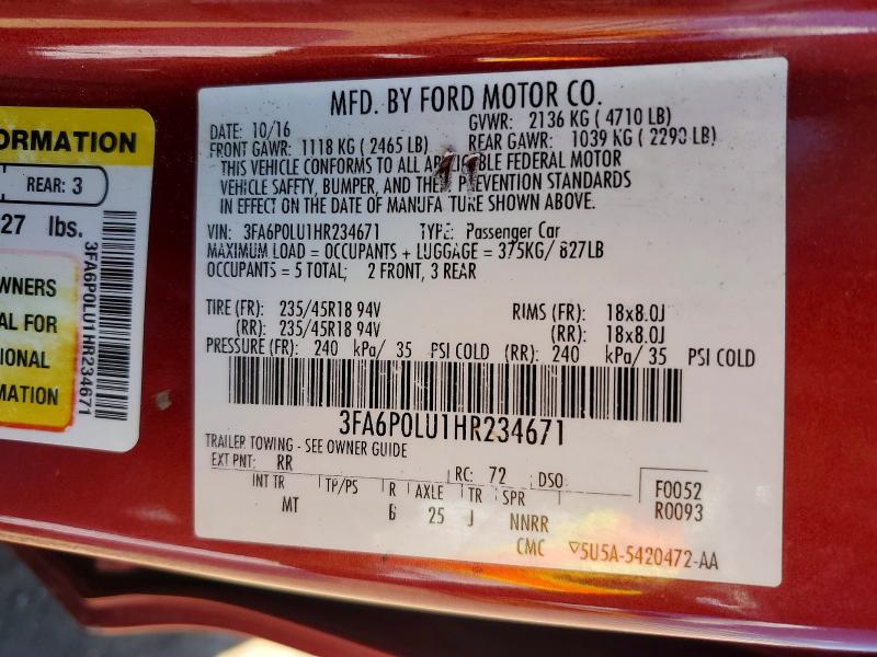 67637506 :رقم المزاد ، 3FA6P0LU1HR234671 vin ، 2017 Ford Fusion مزاد بيع