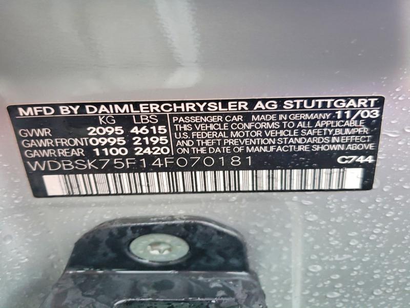 2004 Mercedes-benz Sl მანქანა იყიდება აუქციონზე, vin: WDBSK75F14F070181, აუქციონის ნომერი: 66741726