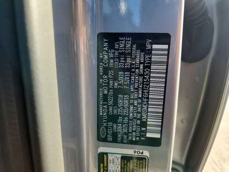 2017 Hyundai Santa Fe მანქანა იყიდება აუქციონზე, vin: KM8SMDHF6HU215430, აუქციონის ნომერი: 70795576
